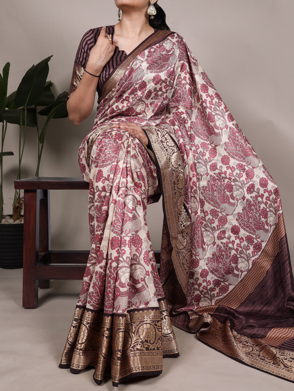 Pink color printed tasar silk saree with viscose border