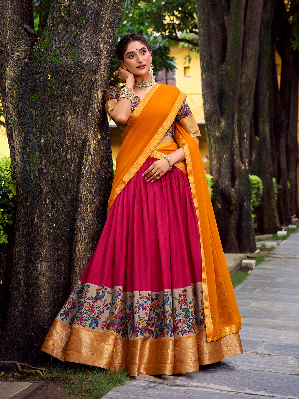 Pink astha silk printed zari weaving work lehenga choli with georgette dupatta
