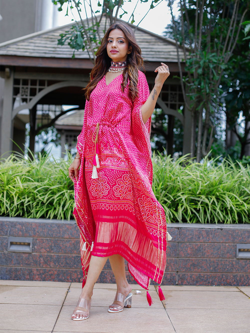 Pink Color Digital Bandhej Print Pure Gaji Silk Kaftan
