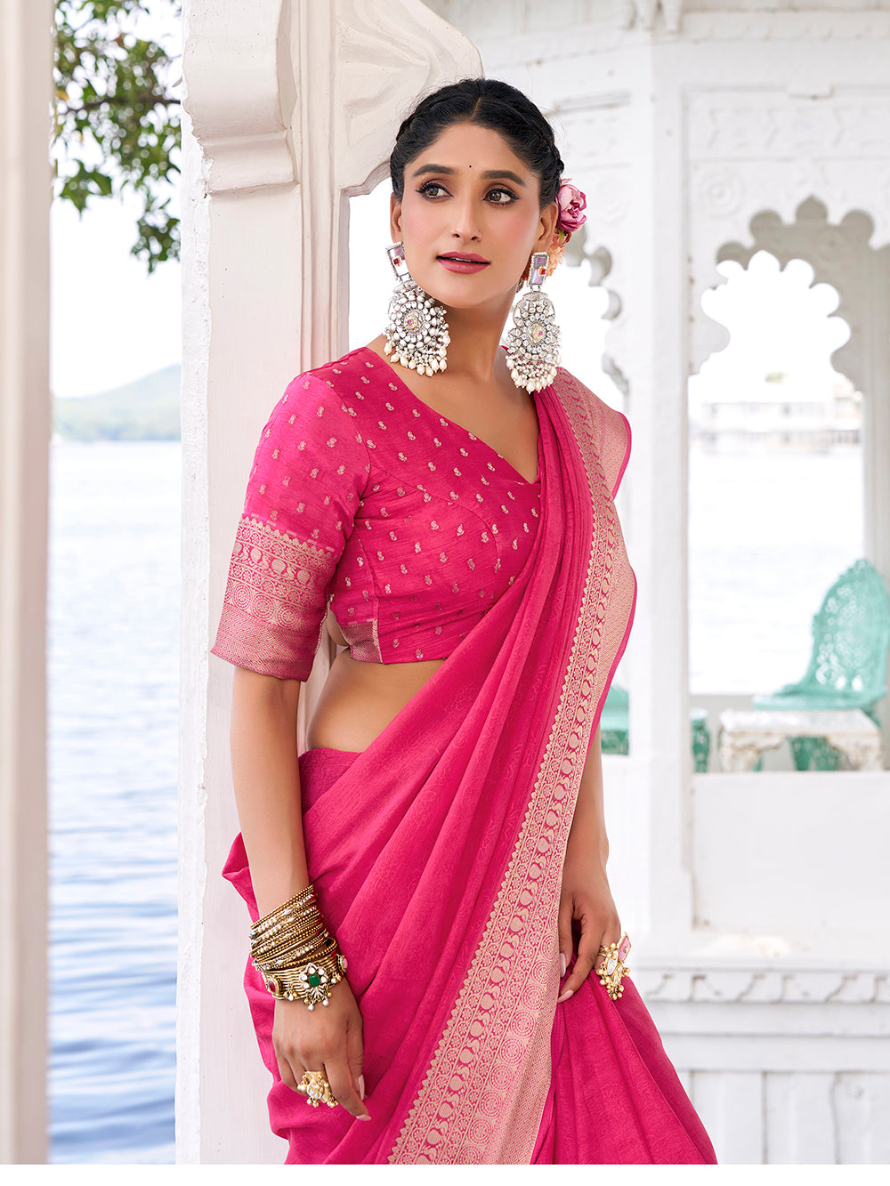 Pink self printed chinon saree with zari weaving unstitched blouse