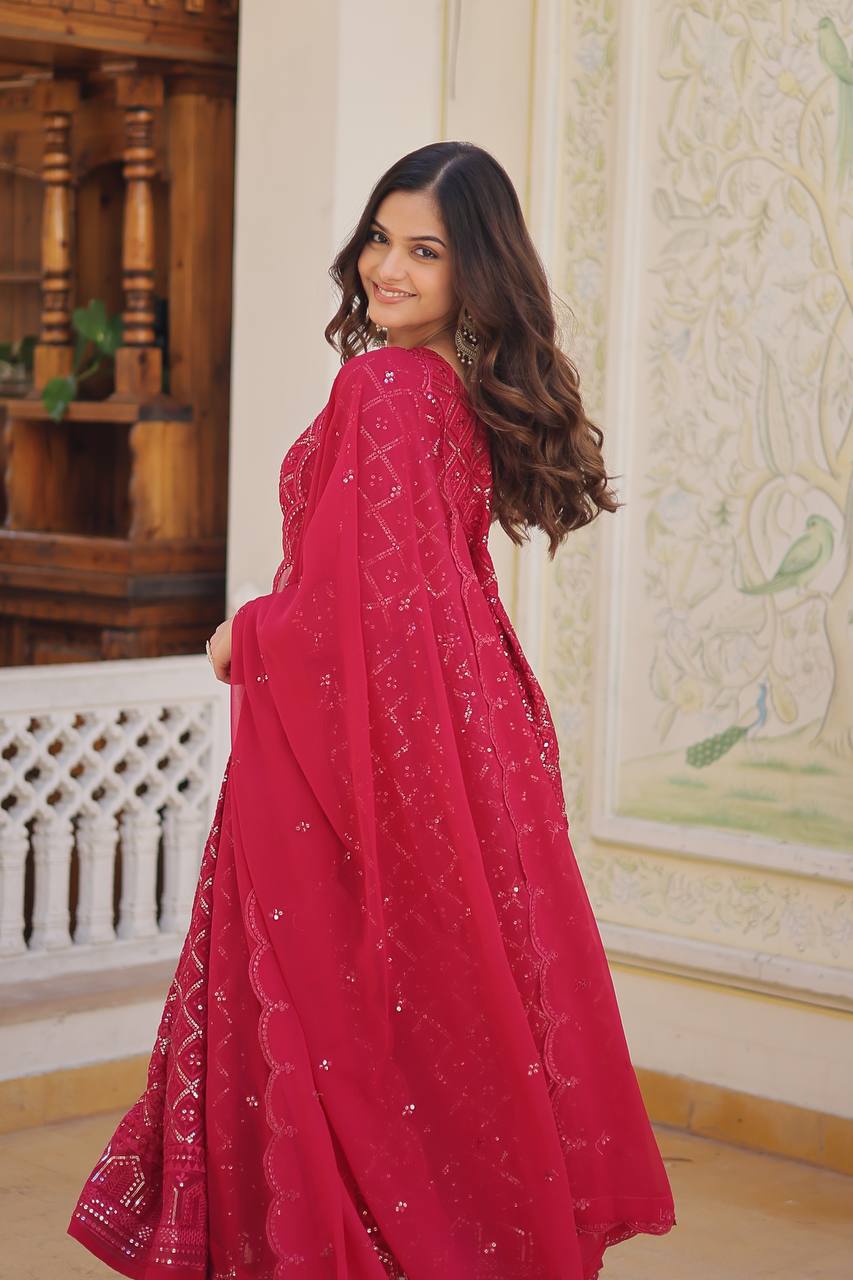 Pink Color Sequined Embroidered Gown with Dupatta Set
