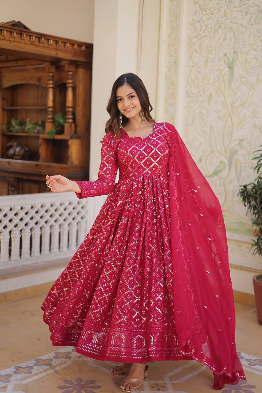 Pink Color Sequined Embroidered Gown with Dupatta Set