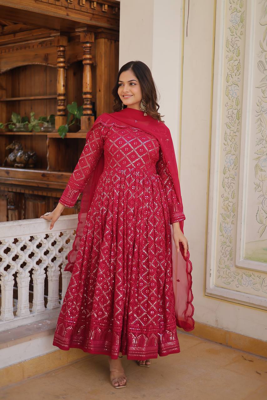 Pink Color Sequined Embroidered Gown with Dupatta Set