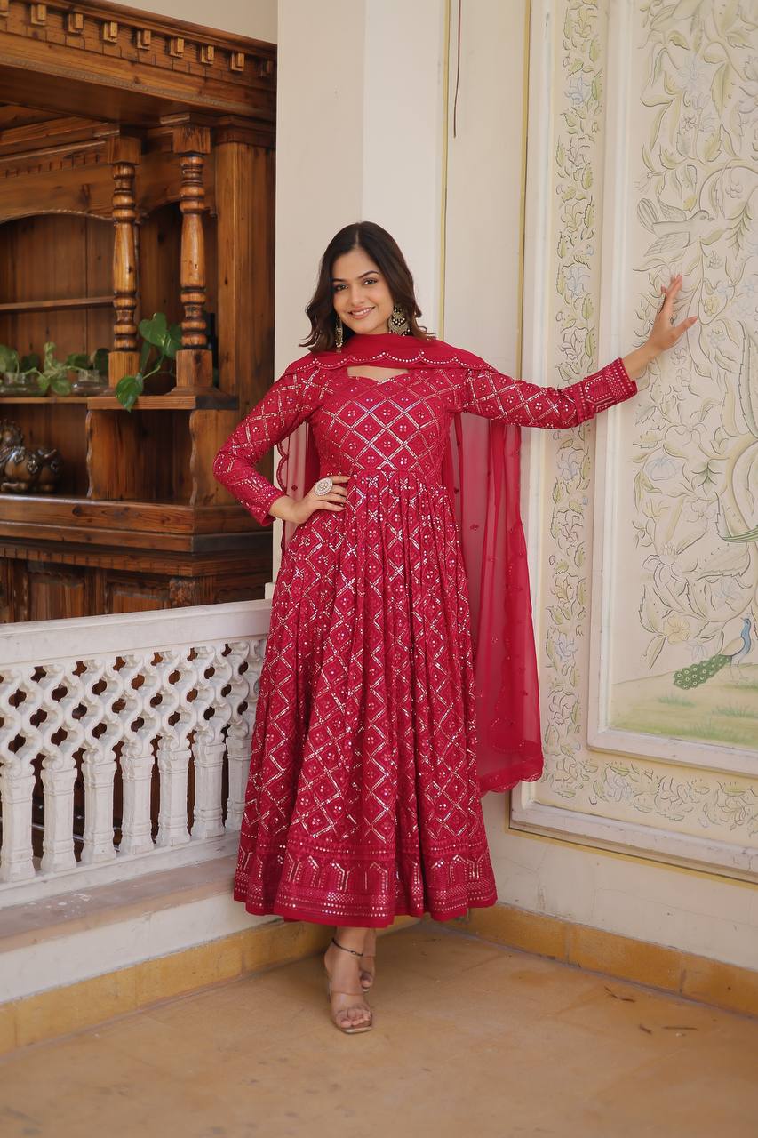 Pink Color Sequined Embroidered Gown with Dupatta Set