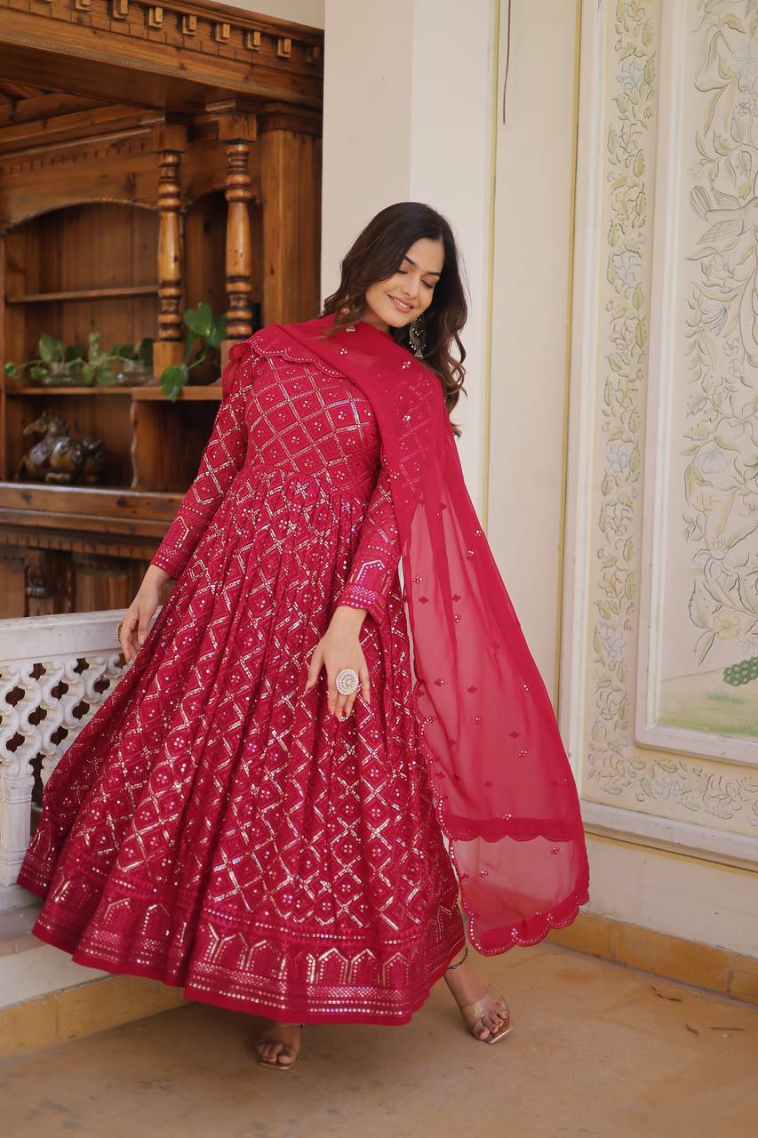 Pink Color Sequined Embroidered Gown with Dupatta Set