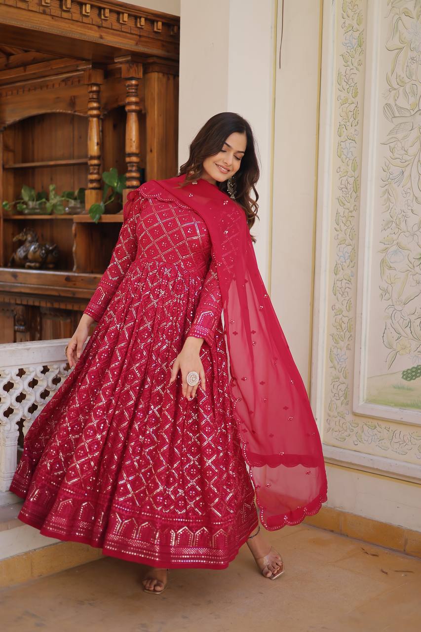 Pink Color Sequined Embroidered Gown with Dupatta Set