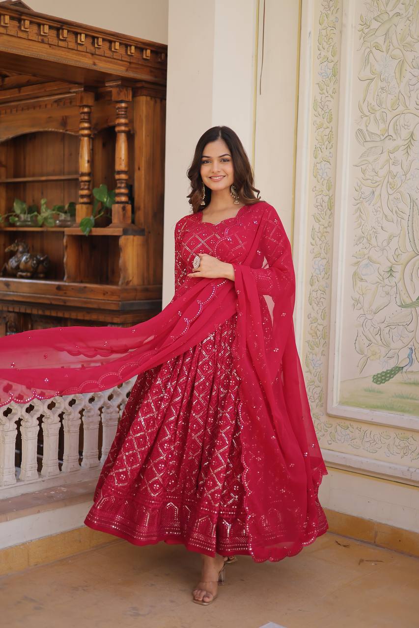 Pink Color Sequined Embroidered Gown with Dupatta Set