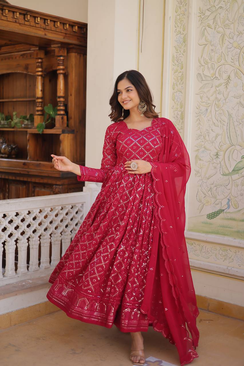 Pink Color Sequined Embroidered Gown with Dupatta Set