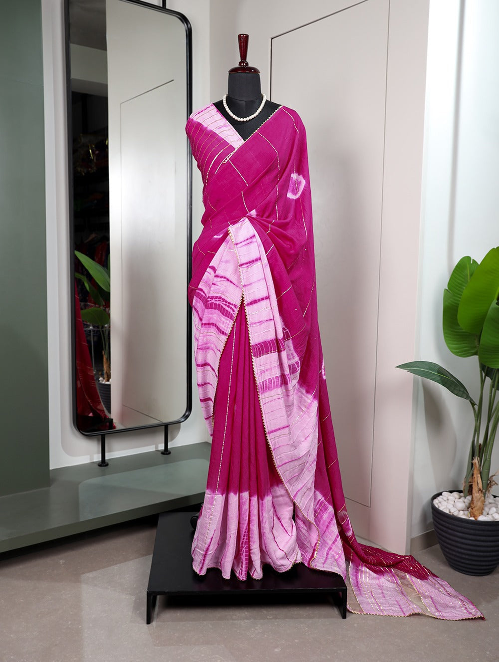 Pink Color Sequined Viscose Chanderi Saree with Gota Patti Border & Blouse