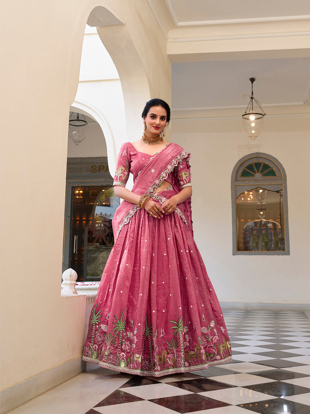 Rose pink gold crush lehenga choli with sequins embroidery scalloped lace dupatta