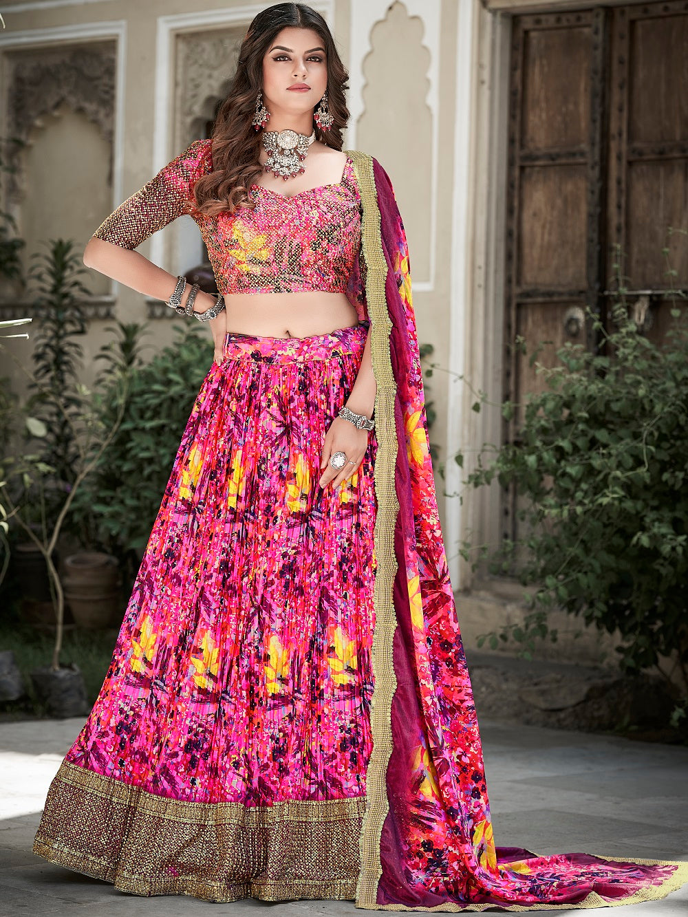 Pink Color Digital Print With Sequins Embroidery Work Crushed Chinon Lehenga Choli