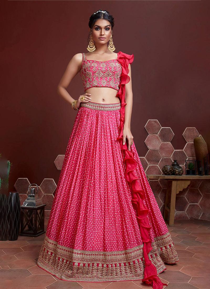 Pink Color Sleeveless Blouse Bandhani Style Lehenga With Heavy Embroidery Work