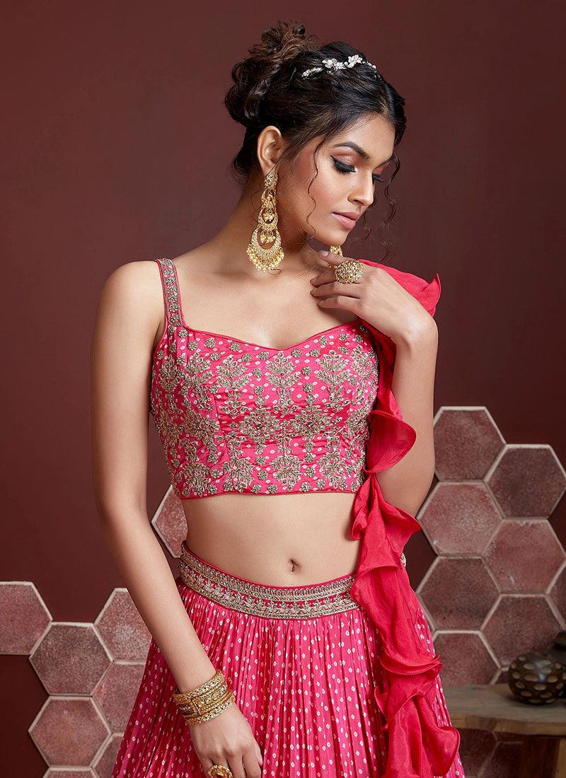 Pink Color Sleeveless Blouse Bandhani Style Lehenga With Heavy Embroidery Work