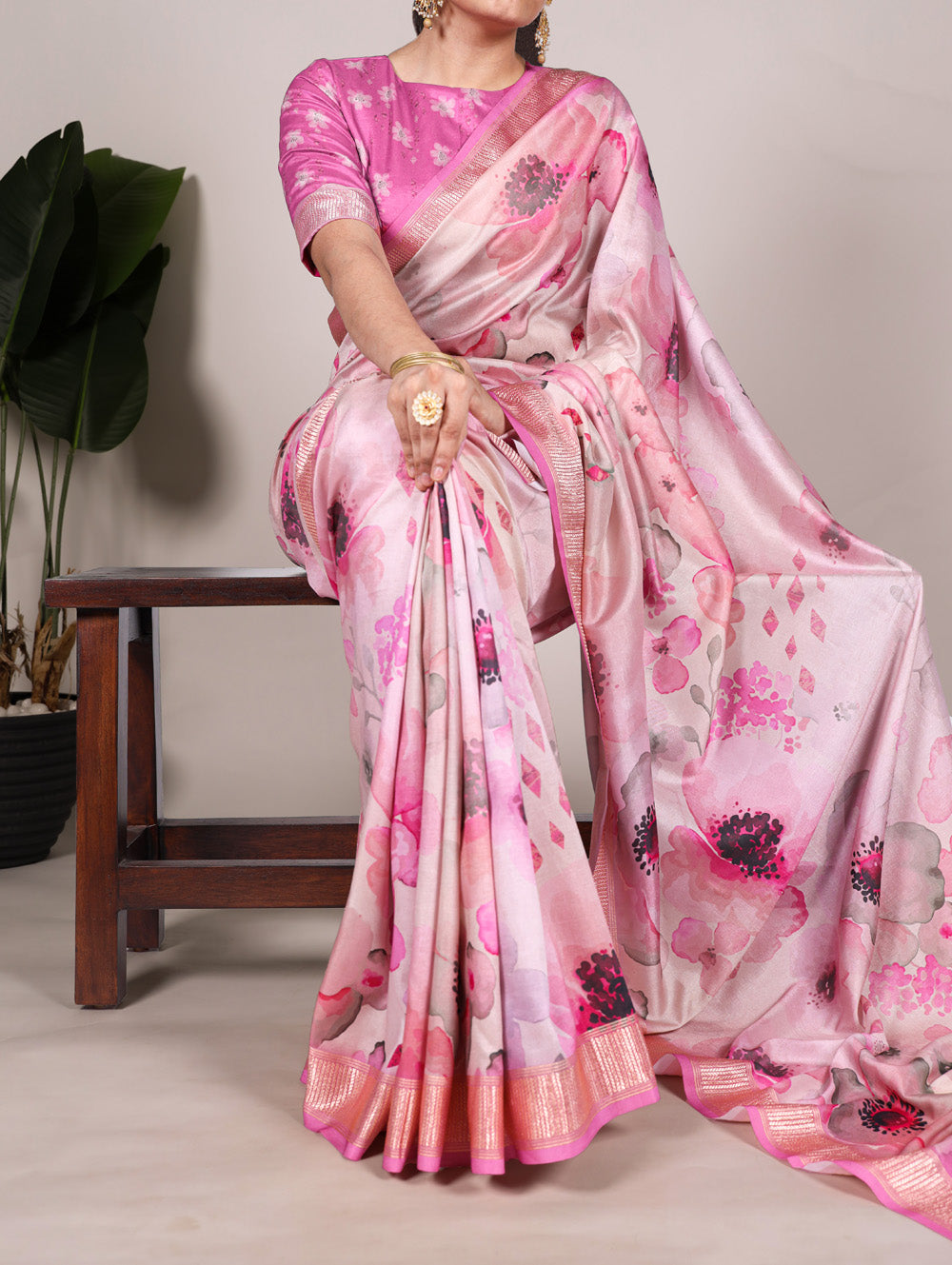 Pink tussar silk floral printed saree with viscose border wine blouse