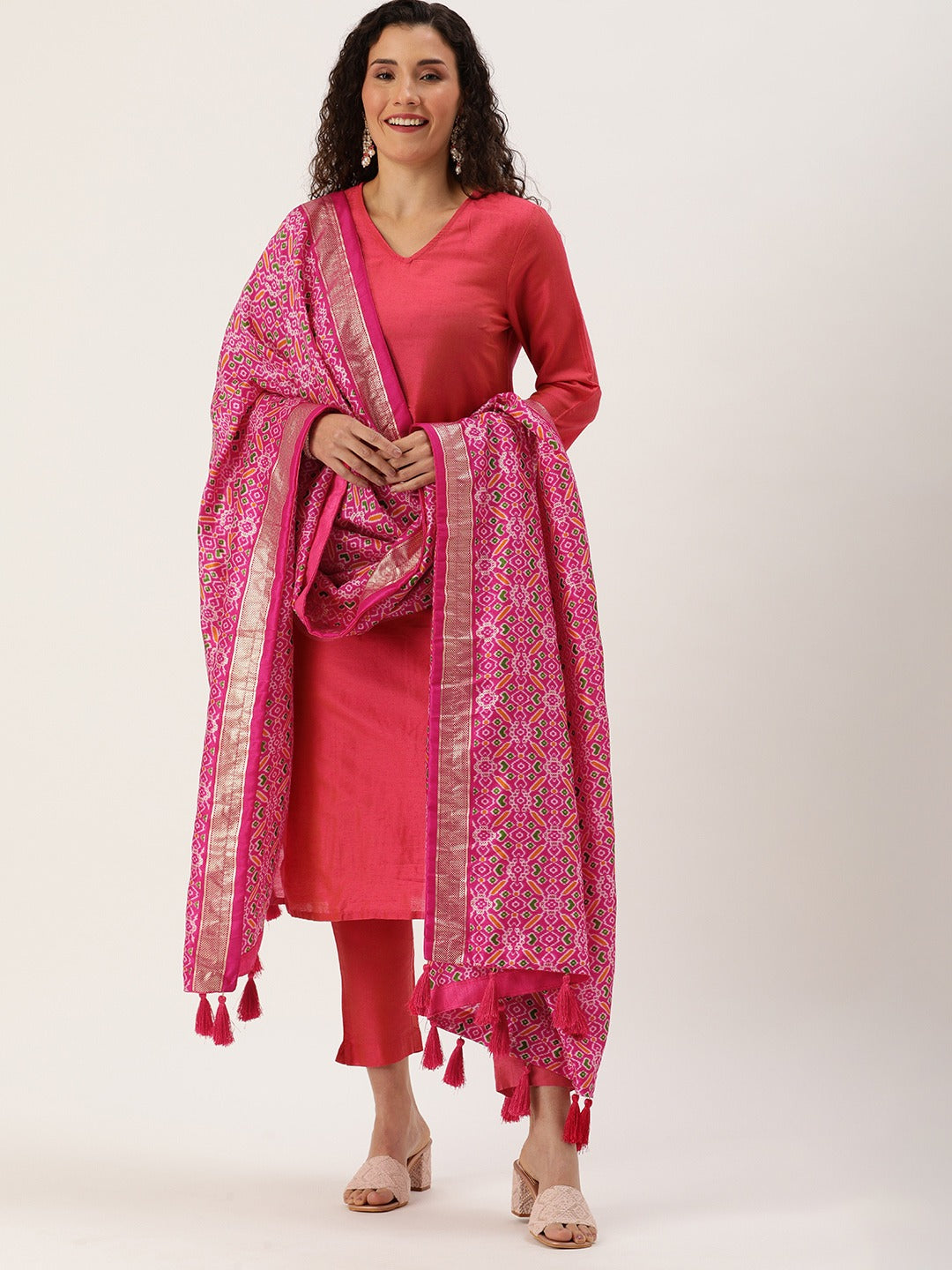 Pink Color Tusser Silk Patola Printed Dupatta