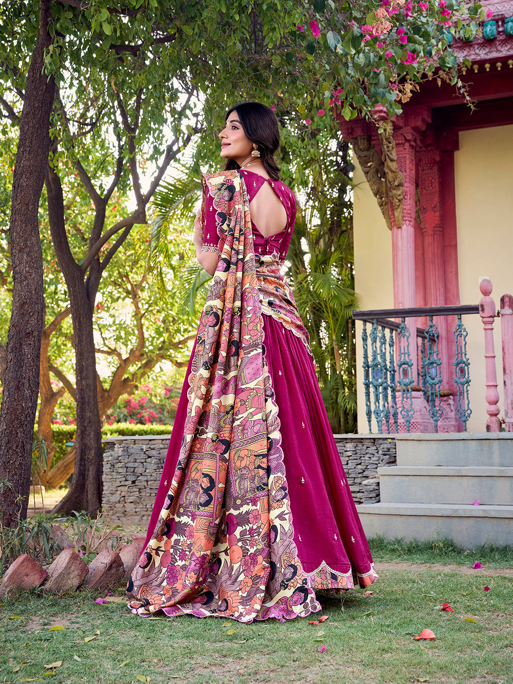 Rose pink vichitra silk lehenga choli with kalamkari scallop border tussar silk dupatta