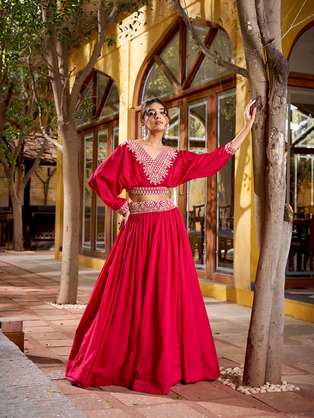 Pink vichitra silk lehenga choli set with thread embroidery