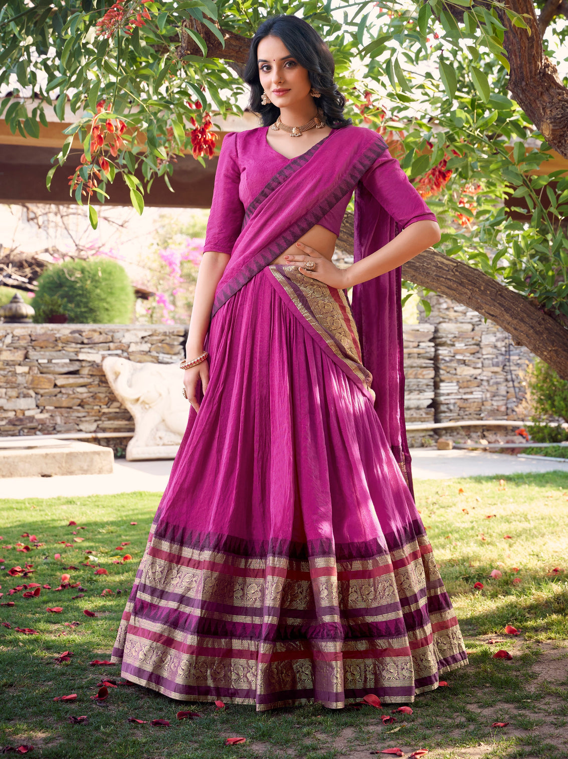 Soft pink chanderi lehenga choli with zari woven border matching dupatta