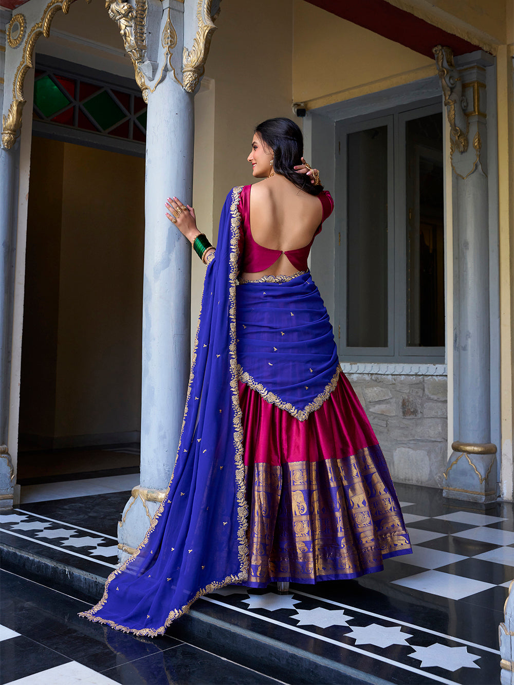 Pink narayan pattu lehenga choli with zari weaving embroidered georgette dupatta