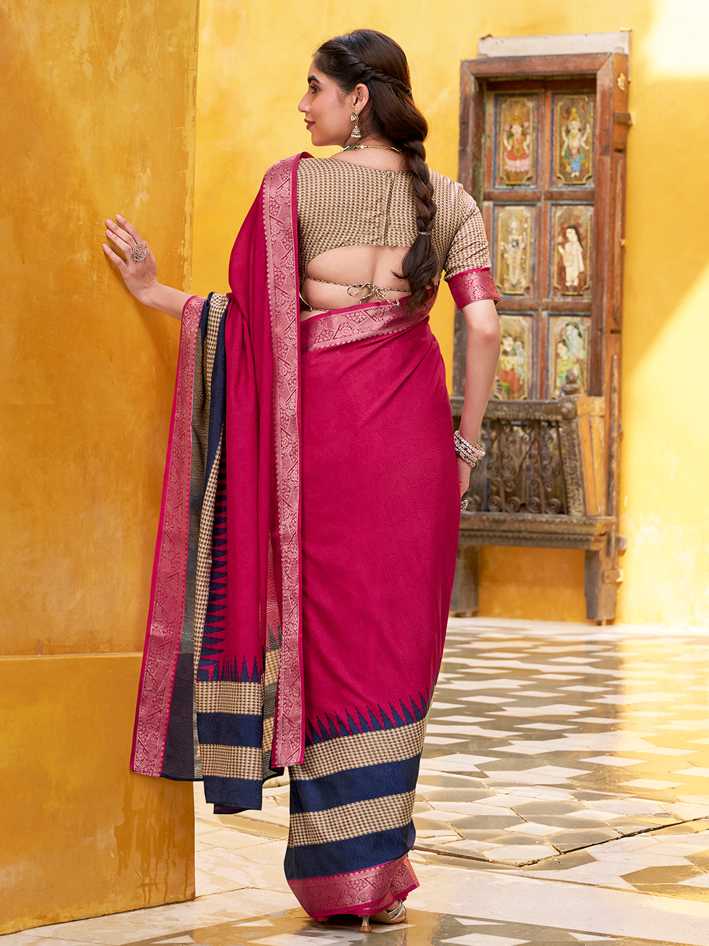 Pink printed poly cotton saree with zari weaving and temple pallu