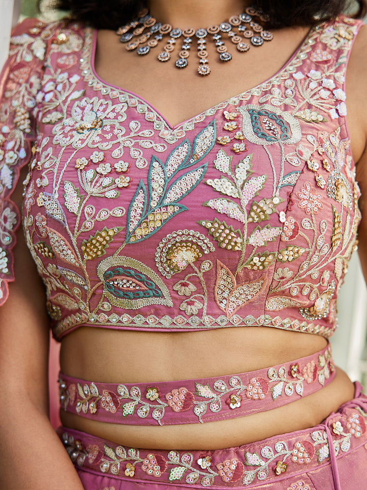 Pink colour Tissue Fabric with Sequinse & Thread embroidery Semi-Stitched Lehenga choli & Dupatta