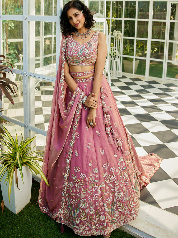 Pink colour Tissue Fabric with Sequinse & Thread embroidery Semi-Stitched Lehenga choli & Dupatta