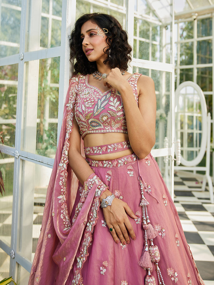 Pink colour Tissue Fabric with Sequinse & Thread embroidery Semi-Stitched Lehenga choli & Dupatta