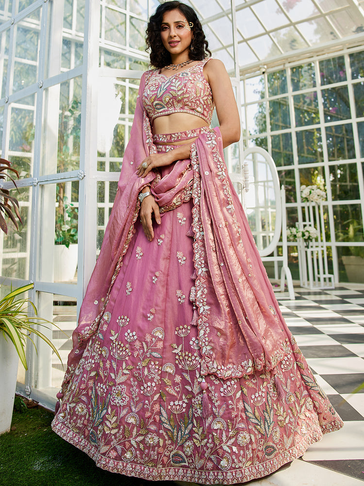 Pink colour Tissue Fabric with Sequinse & Thread embroidery Semi-Stitched Lehenga choli & Dupatta