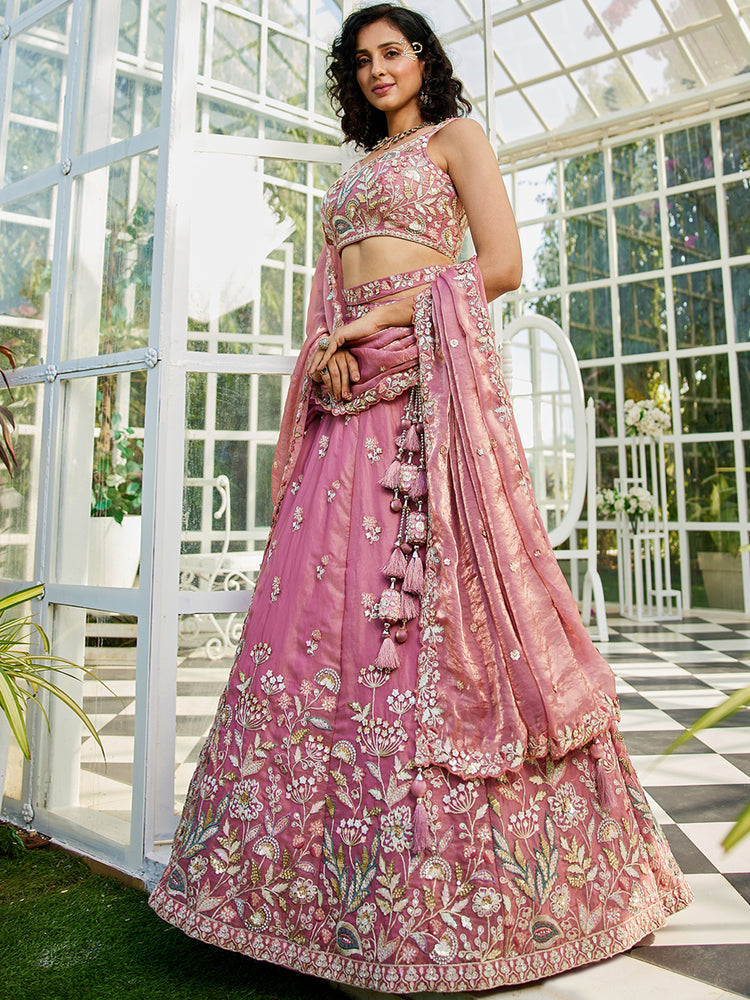 Pink colour Tissue Fabric with Sequinse & Thread embroidery Semi-Stitched Lehenga choli & Dupatta