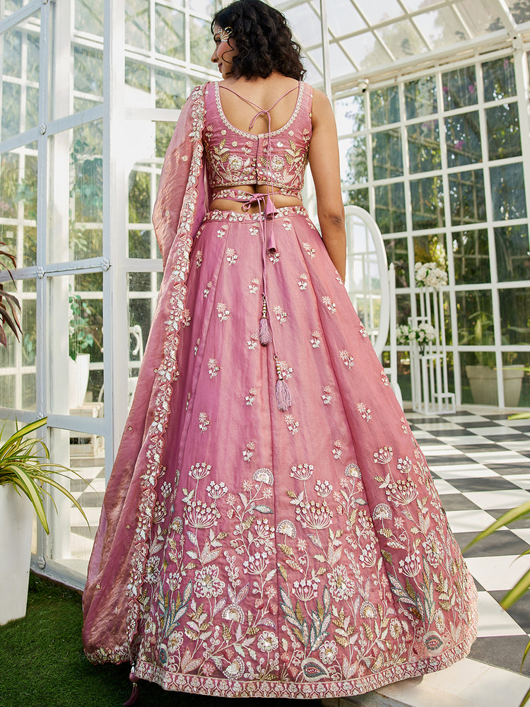 Pink colour Tissue Fabric with Sequinse & Thread embroidery Semi-Stitched Lehenga choli & Dupatta