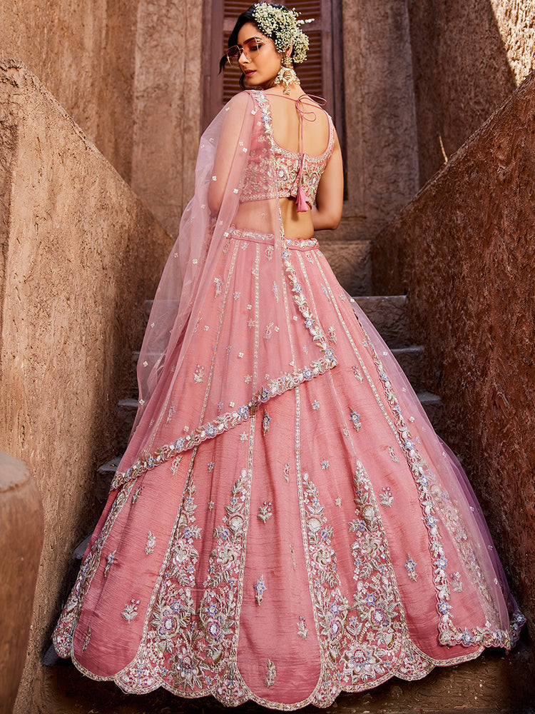 Pink colour Tissue Sequinse embroidery Semi-Stitched Lehenga choli & Dupatta