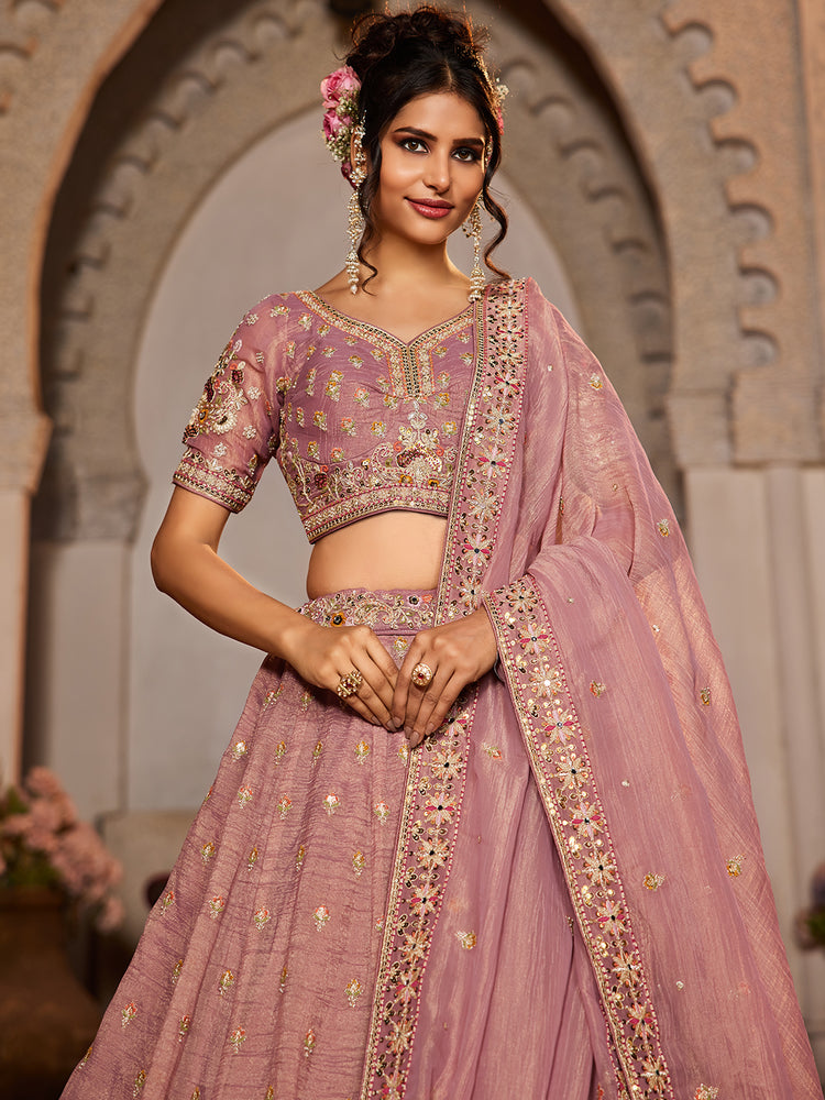 Pink colour Tissue Sequinse embroidery Semi-Stitched Lehenga choli & Dupatta