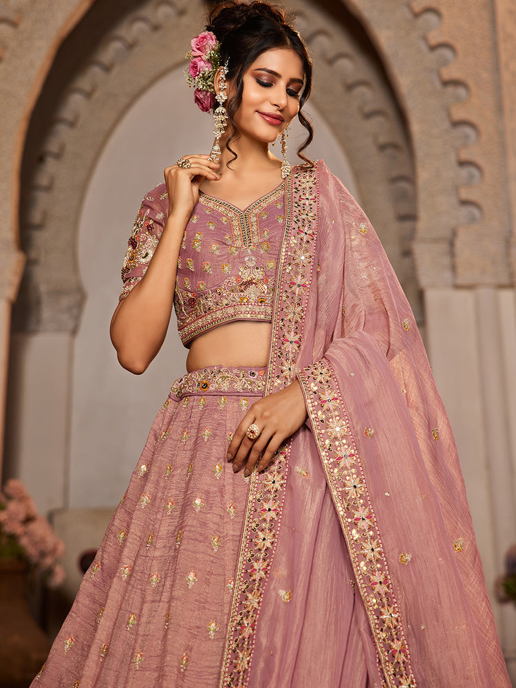 Pink colour Tissue Sequinse embroidery Semi-Stitched Lehenga choli & Dupatta