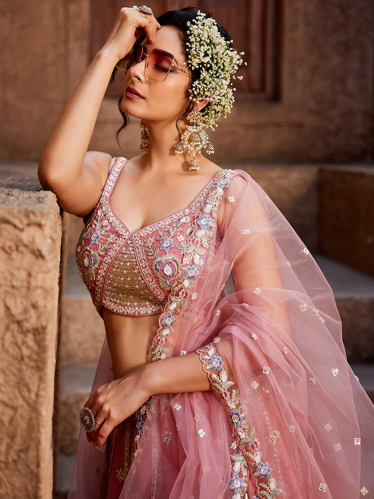 Pink colour Tissue Sequinse embroidery Semi-Stitched Lehenga choli & Dupatta
