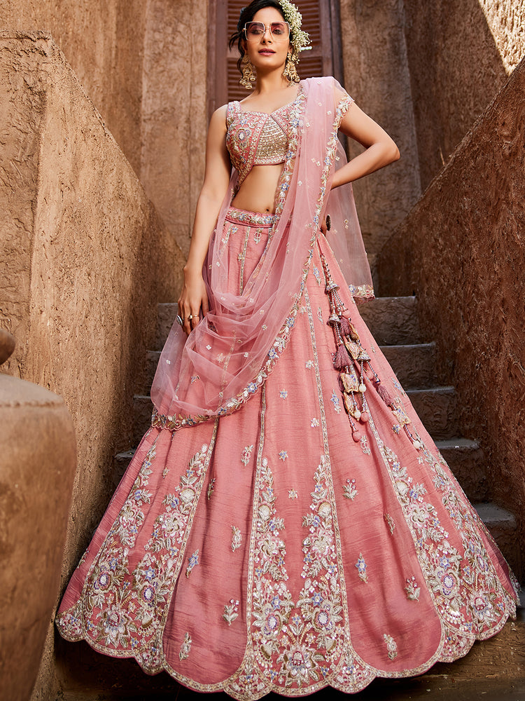 Pink colour Tissue Sequinse embroidery Semi-Stitched Lehenga choli & Dupatta