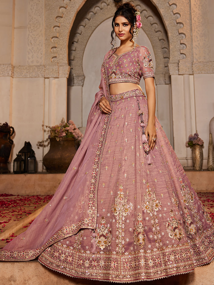 Pink colour Tissue Sequinse embroidery Semi-Stitched Lehenga choli & Dupatta