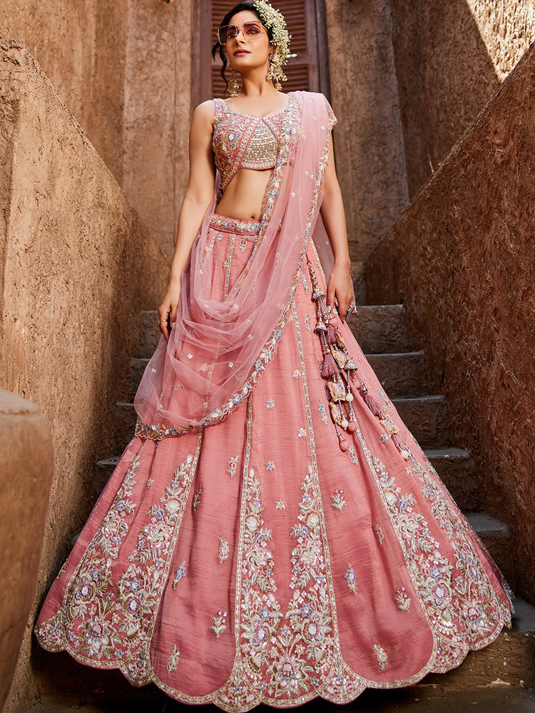 Pink colour Tissue Sequinse embroidery Semi-Stitched Lehenga choli & Dupatta