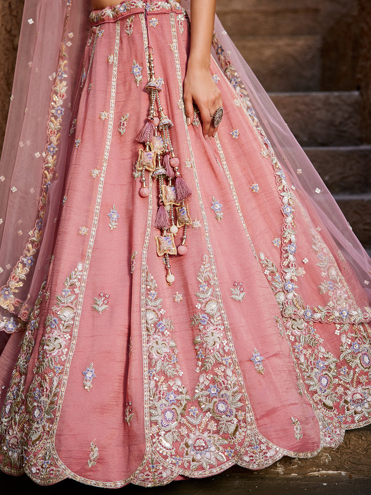 Pink colour Tissue Sequinse embroidery Semi-Stitched Lehenga choli & Dupatta