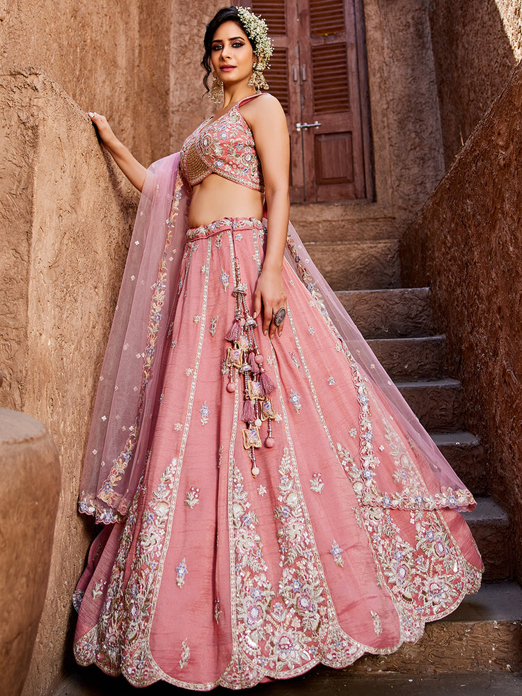 Pink colour Tissue Sequinse embroidery Semi-Stitched Lehenga choli & Dupatta