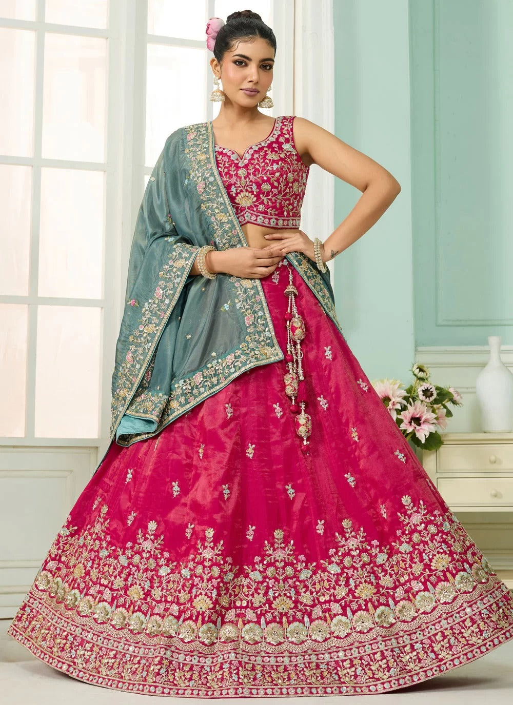 Stunning pink cosmos silk designer lehenga with beads sequin embroidery