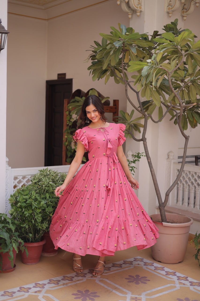 Pink Cotton Embroidered Anarkali Kurti