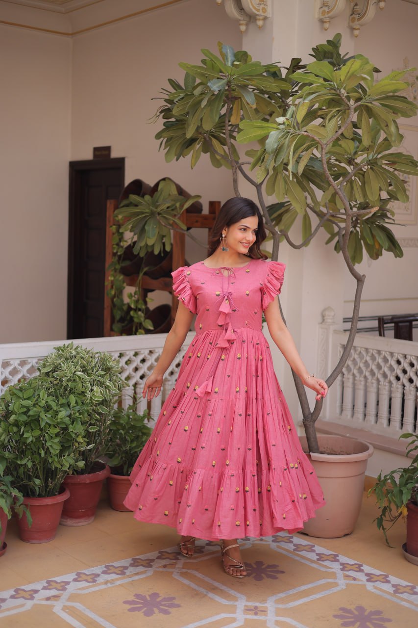Pink Cotton Embroidered Anarkali Kurti