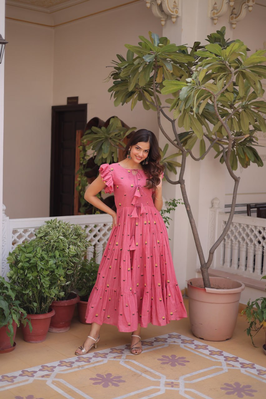 Pink Cotton Embroidered Anarkali Kurti