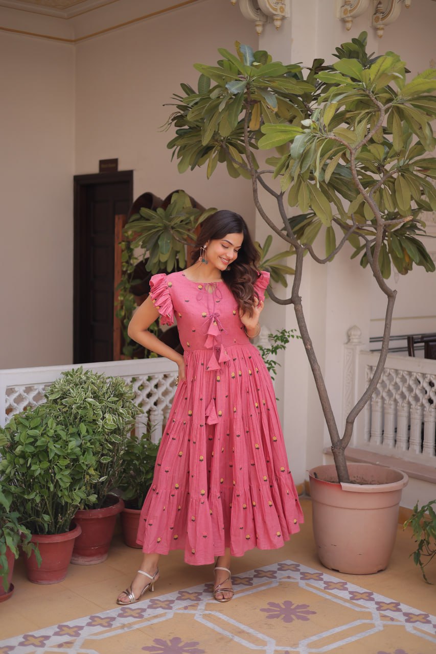 Pink Cotton Embroidered Anarkali Kurti
