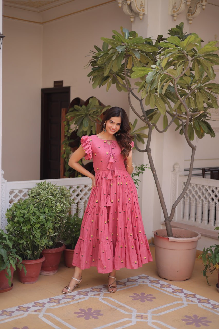 Pink Cotton Embroidered Anarkali Kurti