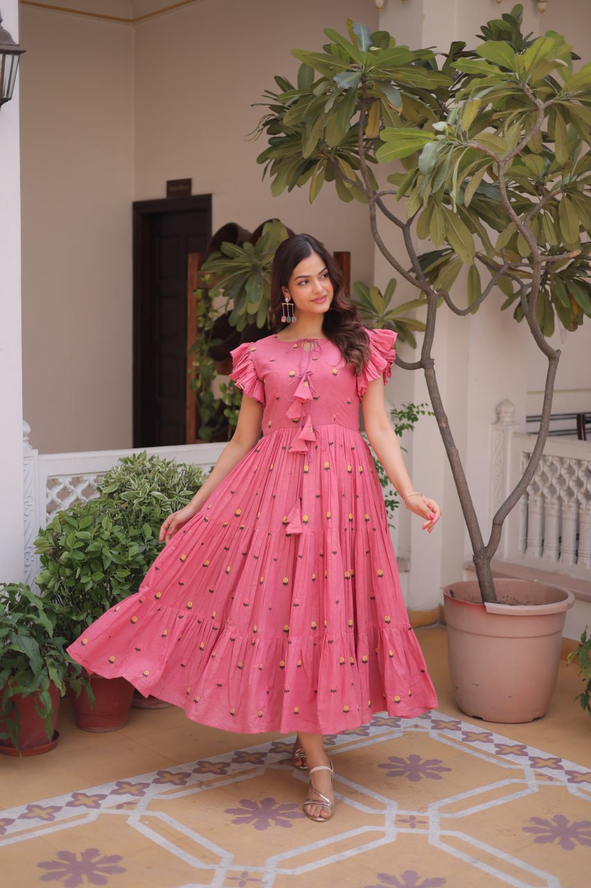 Pink Cotton Embroidered Anarkali Kurti