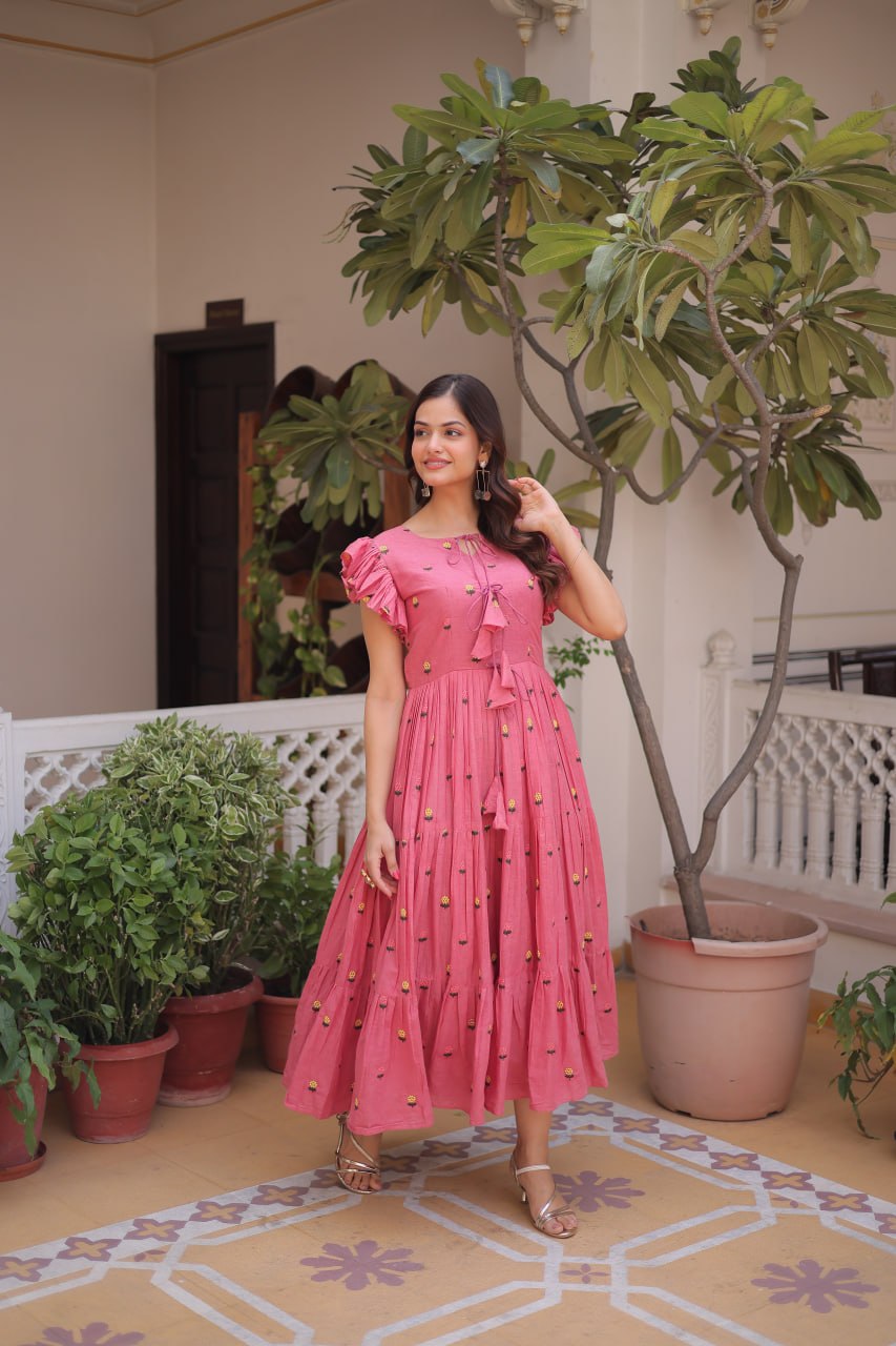 Pink Cotton Embroidered Anarkali Kurti