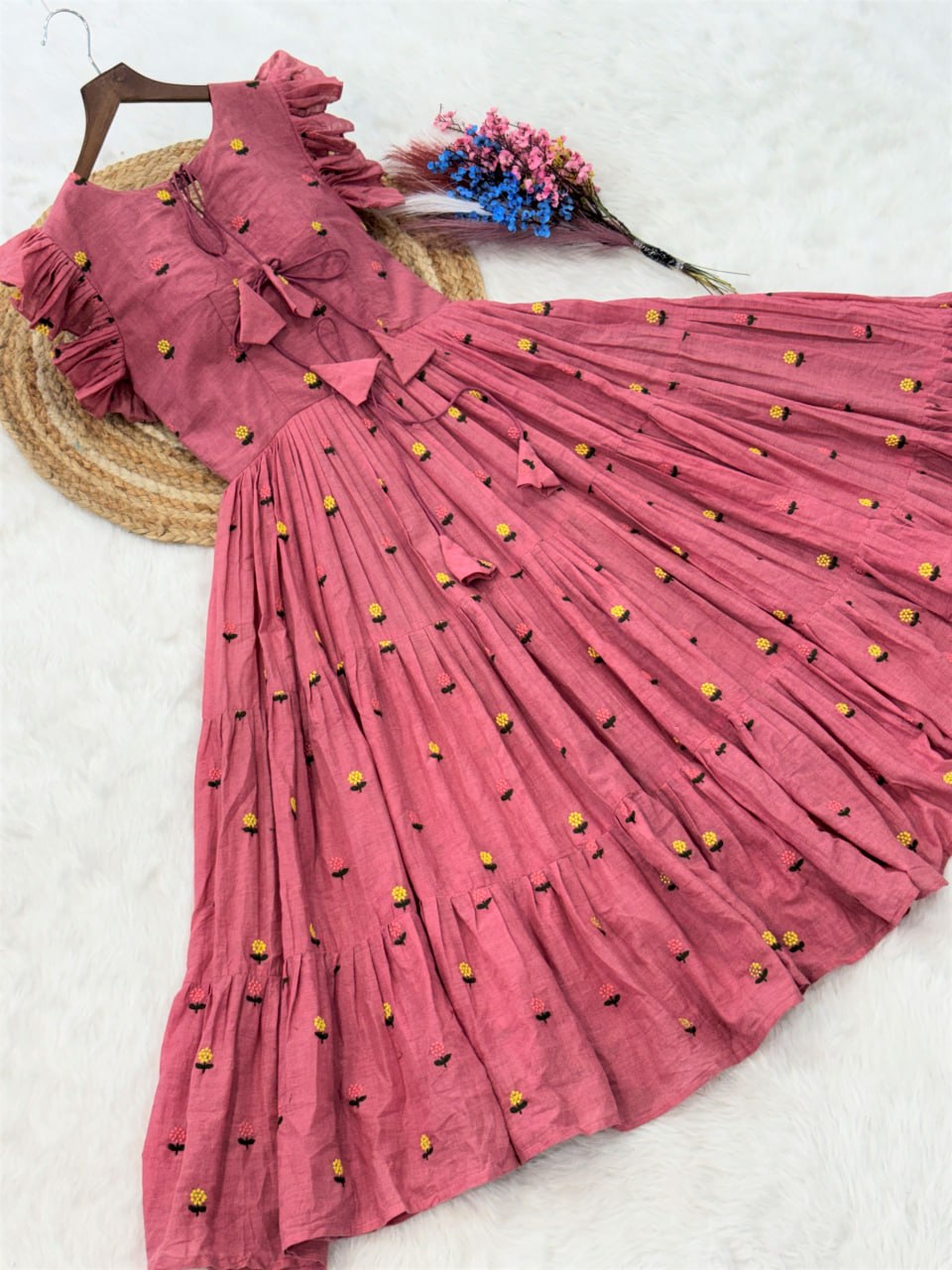 Pink Cotton Embroidered Anarkali Kurti