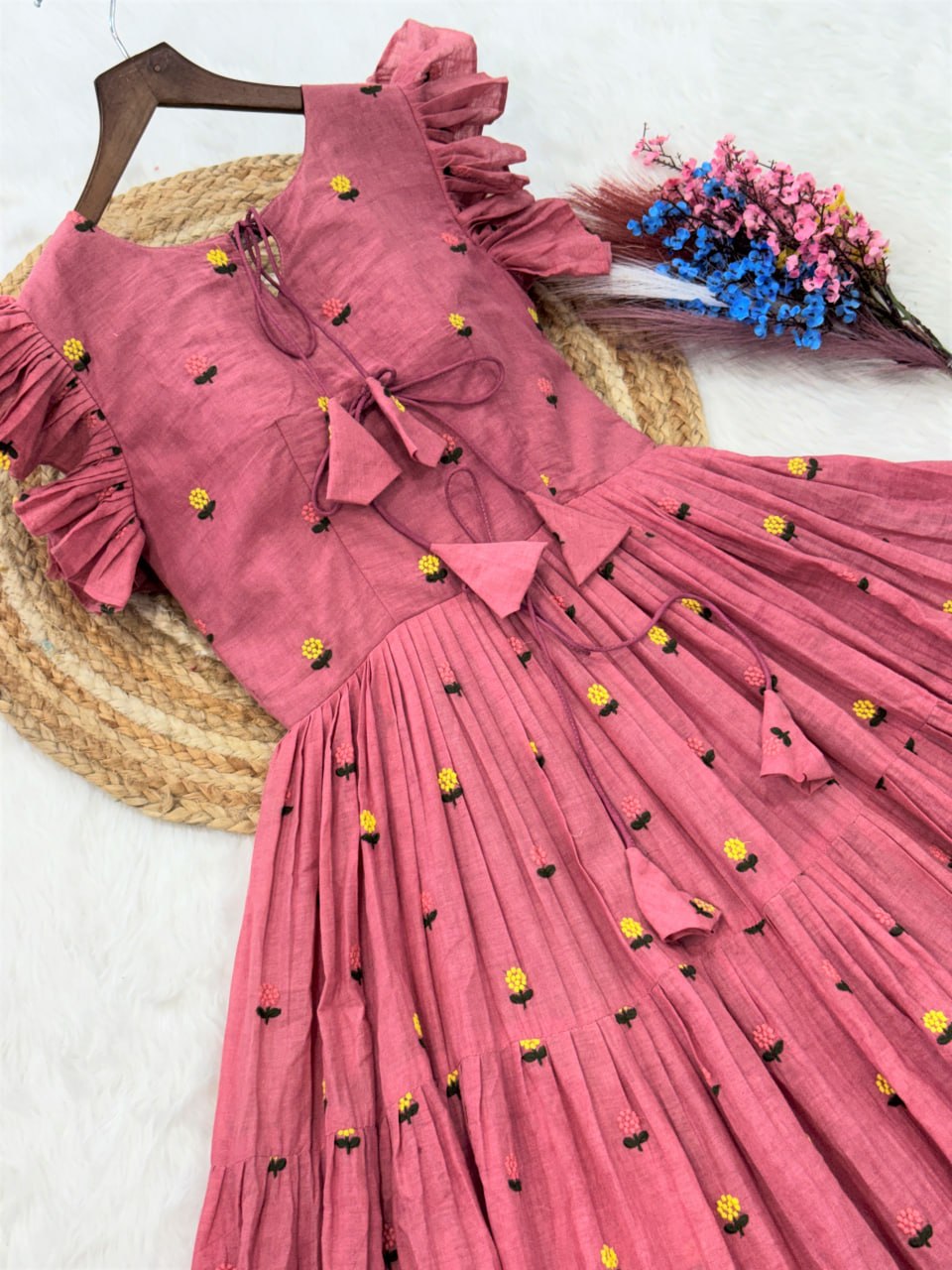Pink Cotton Embroidered Anarkali Kurti