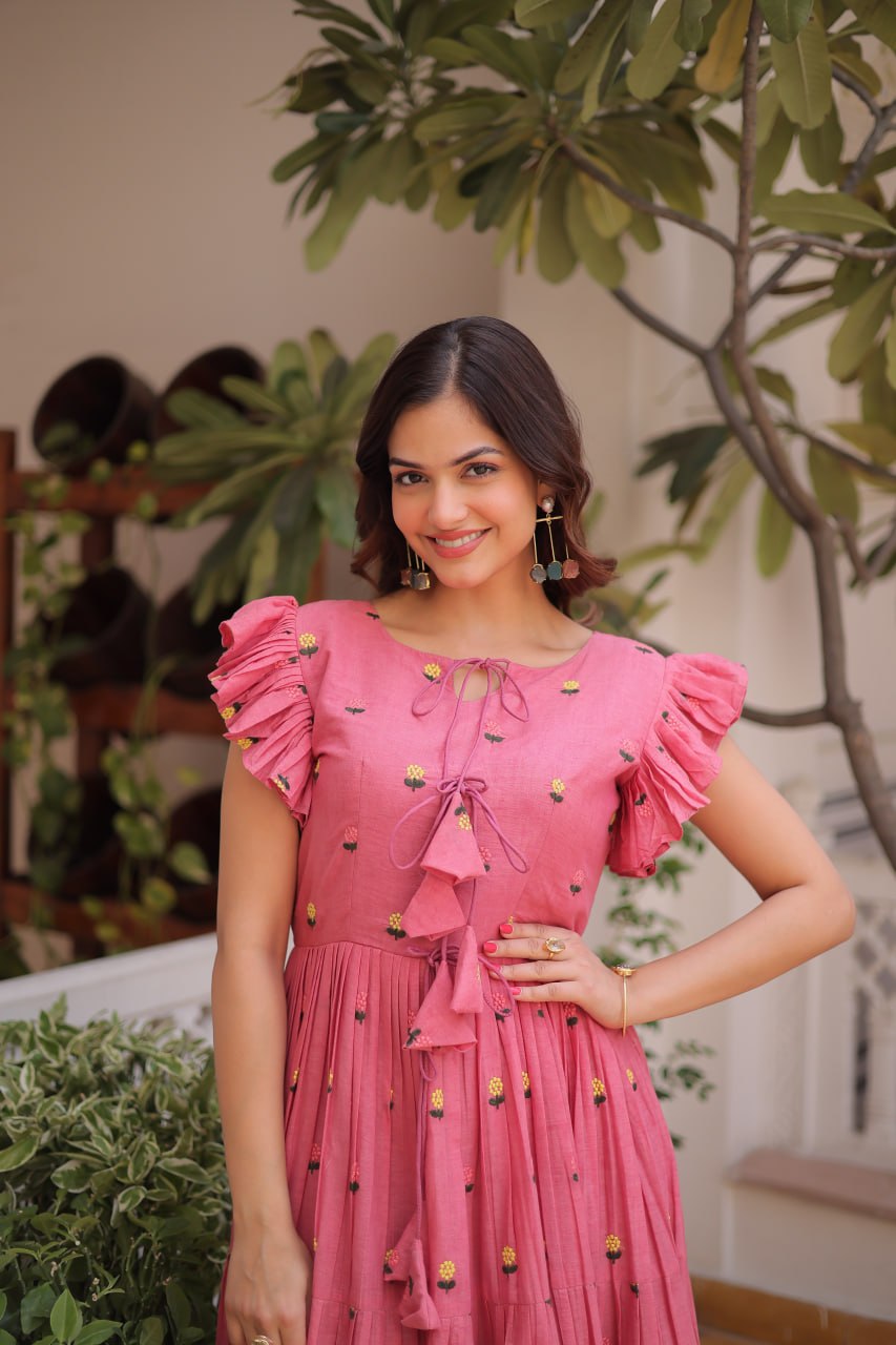 Pink Cotton Embroidered Anarkali Kurti